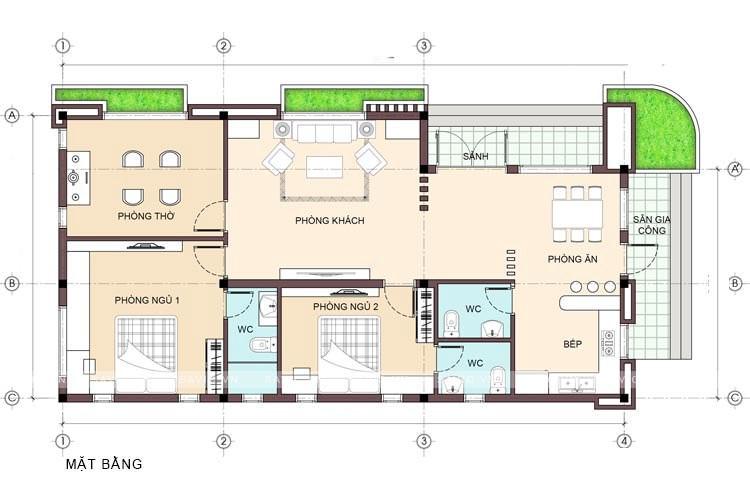 Thiết kế nhà cấp 4 mái bằng 2 phòng ngủ, nhà rộng bề ngang