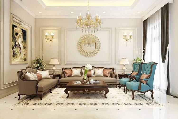Thiết kế phòng khách phong cách tân cổ điển với nội thất sáng màu