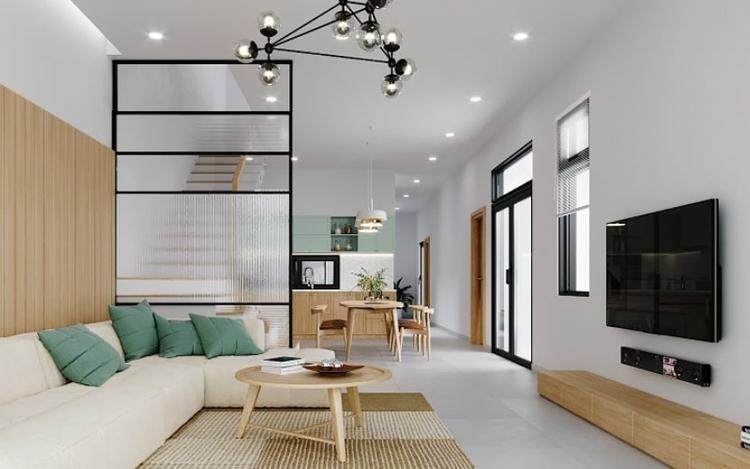 Thiết kế phòng khách liền bếp có vách ngăn kính