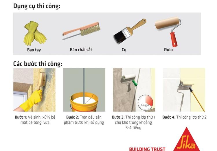 Dụng cụ và các bước thi công SikaCoat chống thấm tường