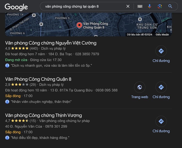 Tìm kiếm văn phòng công chứng ở Quận 8 trên Google.com.