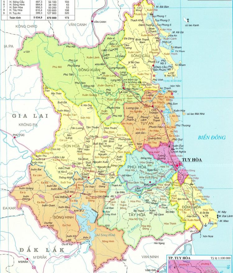 Bản đồ các đơn vị hành chính tỉnh Phú Yên