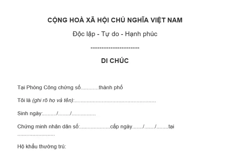 Mẫu văn bản di chúc thừa kế đất đai mới nhất