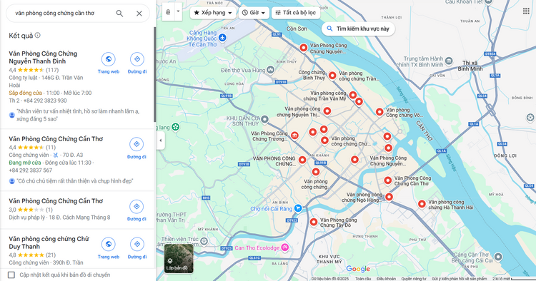 Cách tìm kiếm văn phòng công chứng Cần Thơ gần đây trên Google maps. Ảnh chụp màn hình