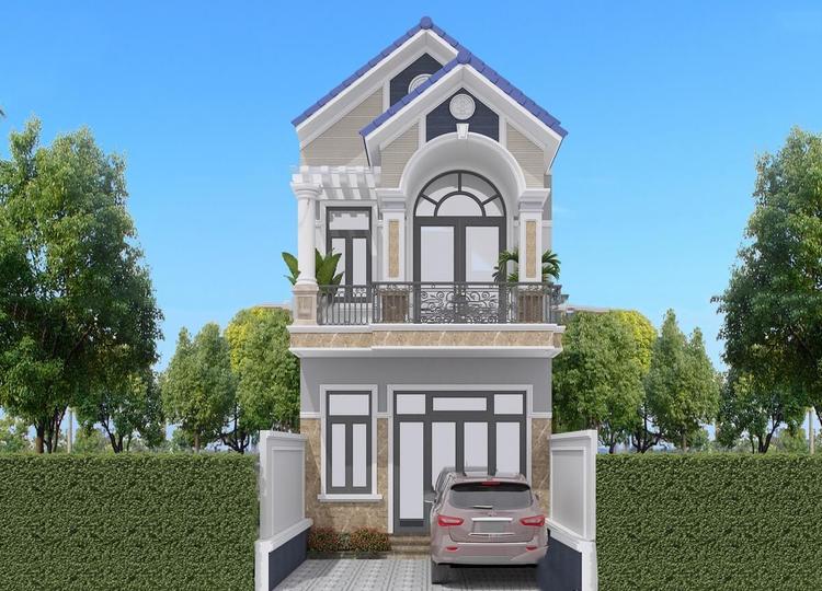 Mẫu nhà ống 2 tầng mái Thái có sân đậu ô tô.