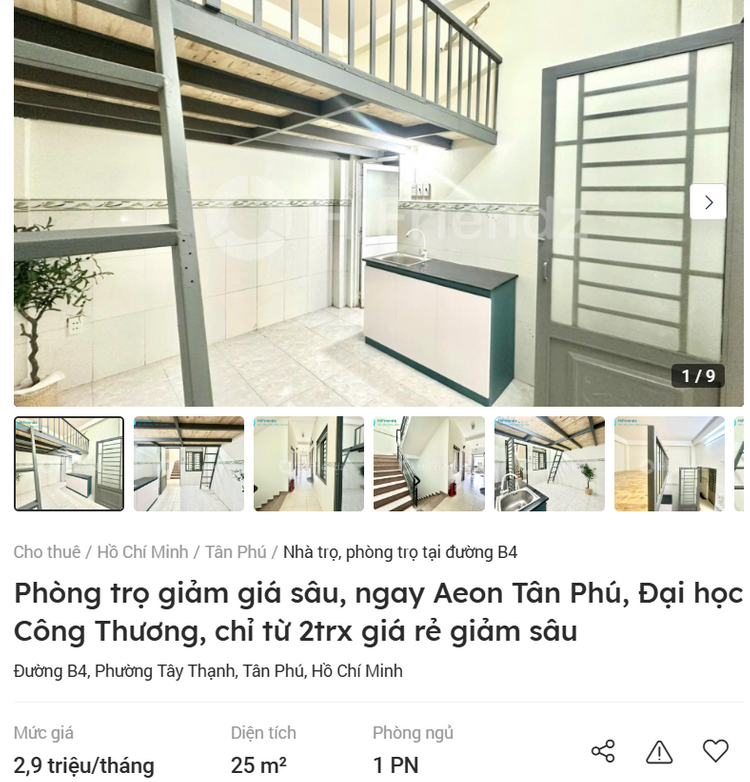 Một phòng trọ rộng 25m2 tại quận Tân Phú có giá thuê 2,9 triệu/tháng