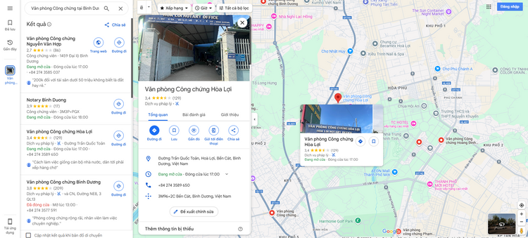 Tìm kiếm văn phòng công chứng Hòa Lợi, tỉnh Bình Dương từ Google Map.