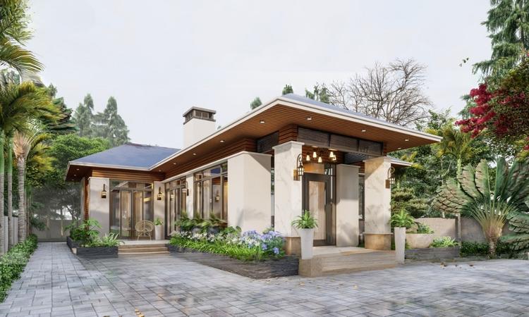 Mẫu nhà cấp 4 chữ L mái nhật thiết kế tối giản.