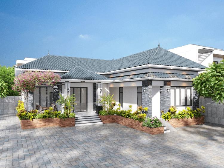 Mẫu nhà cấp 4 chữ L mái nhật sân gạch rộng rãi.