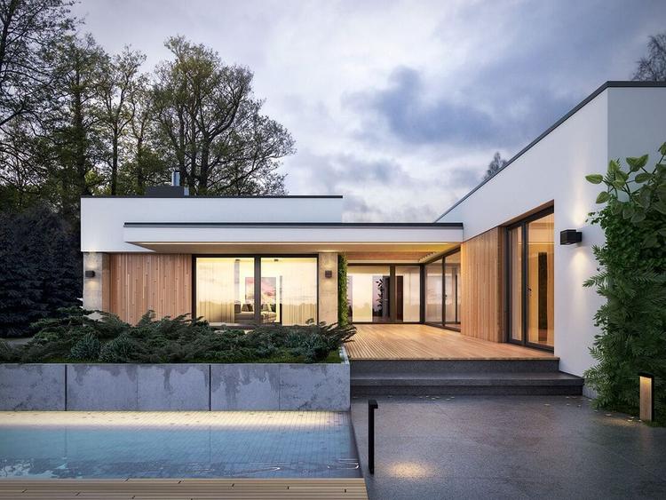 Thiết kế mẫu nhà cấp 4 chữ L mái bằng phong cách tối giản.