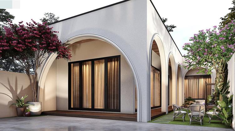 Mẫu nhà cấp 4 chữ L mái bằng có không gian sinh hoạt chung cho gia đình. 