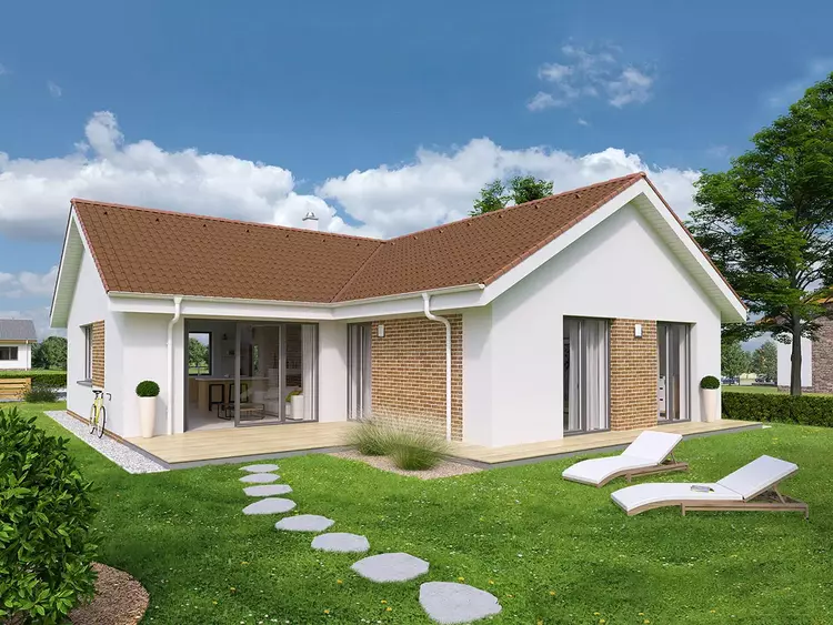 Thiết kế mẫu nhà cấp 4 chữ L mái thái sân cỏ, không gian mở.