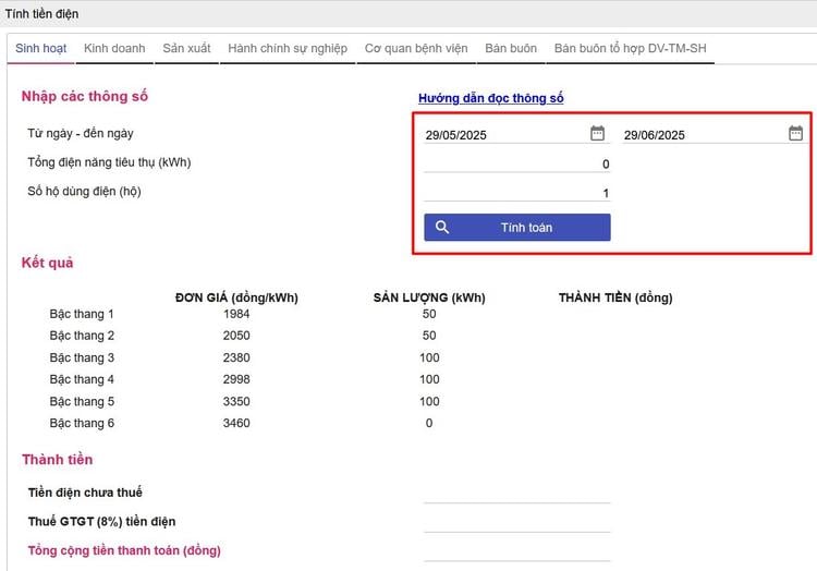 Tính tiền điện online trên website EVN