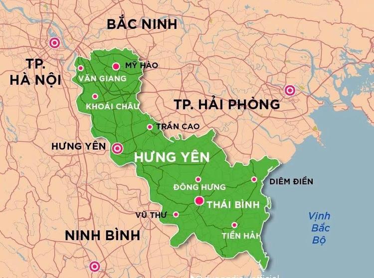 Minh họa bản đồ tỉnh Hưng Yên sau khi sáp nhập với tỉnh Thái Bình