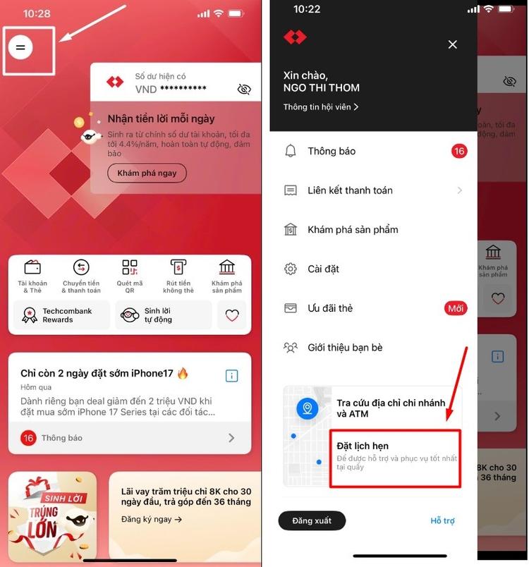 đặt lịch hẹn tại chi nhánh Techcombank