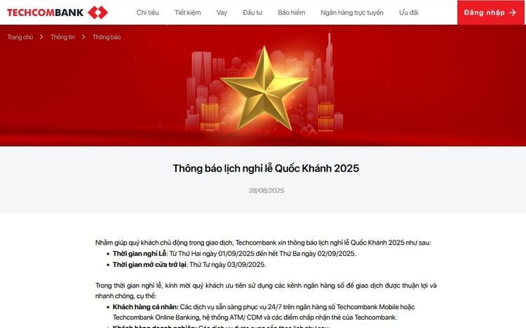 Techcombank thông báo nghỉ lễ trên website của ngân hàng