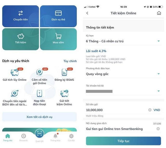 Giao diện chức năng gửi tiết kiệm online tại ngân hàng BIDV