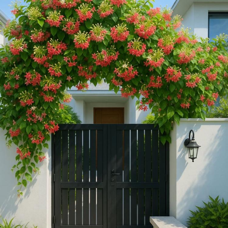 Theo phong thủy, thiết kế giàn leo bằng hoa Sử Quân Tử trước cổng sẽ đem đến cho gia chủ sự thịnh vượng, bình an và may mắn