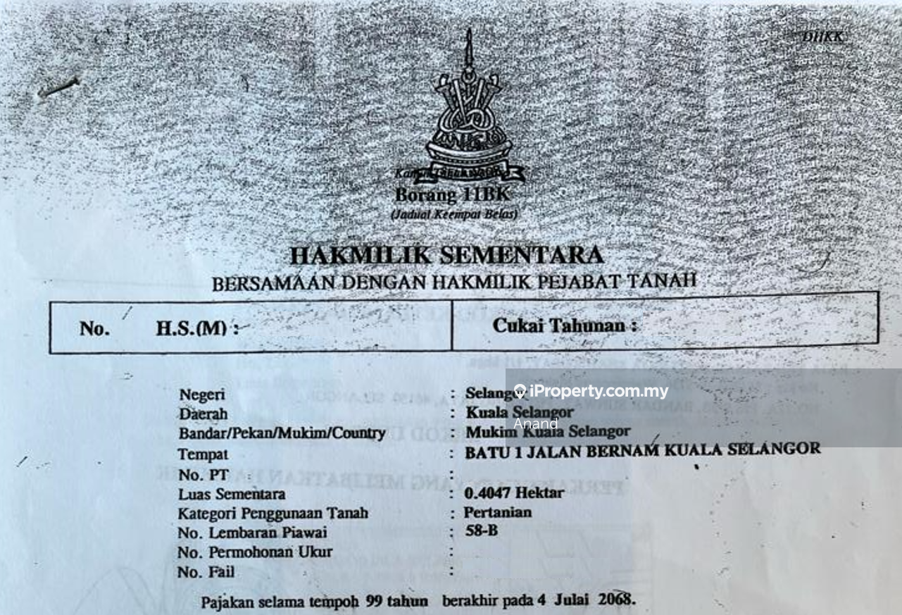 Agricultural Land for Sale in BATU 1 JALAN BERNAM, KUALA SELANGOR, SELANGOR., Kuala Selangor by Anand - iProperty.com.my