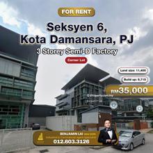 Seksyen 6, Kota Damansara PJ 3 Storey Corner Semi-D Factory For Rent