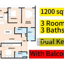 Ready Move In, Sentul 3 Rooms 1200sf with Balcony, Freehold, Free MOT