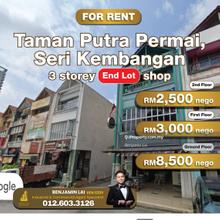 3 storey end-lot shop for rent, Taman Putra Permai, Seri Kembangan