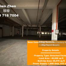 Desa Cemerlang, Detached Factory for Rent, Big Power Supply: 1800 Amps