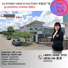 1.5 storey Semi-D Factory @ Kempas Utama For Sale