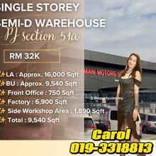 Petaling Jaya Single Storey Semi-D Warehouse For Rent