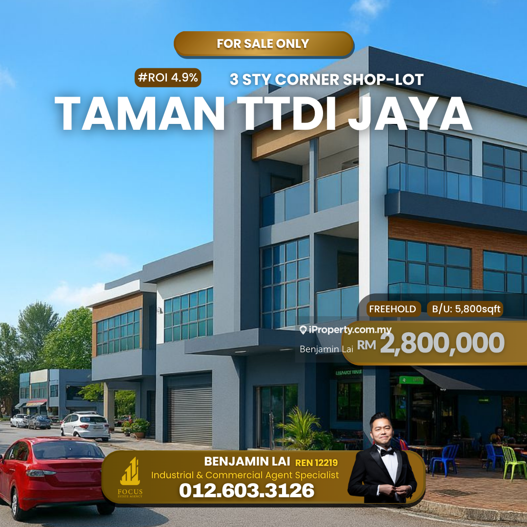 Roi 4.9% 3 storey Corner Shop for Sale, Taman Ttdi Jaya 