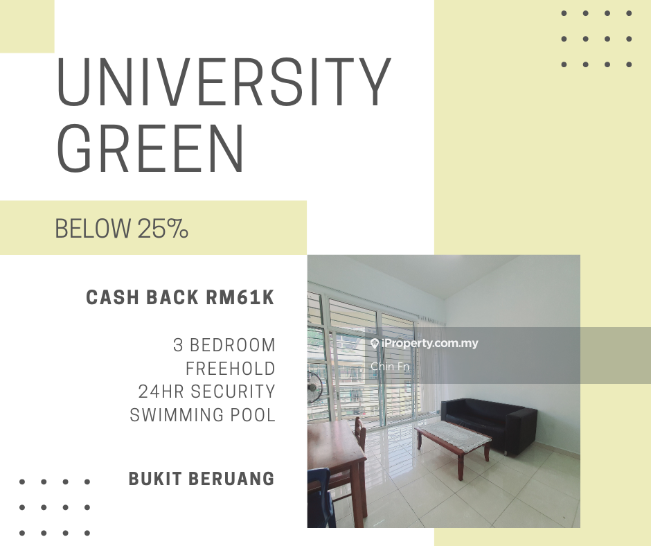 Below Value 25% Cash rm61k Freehold University Green Bukit Beruang mmu