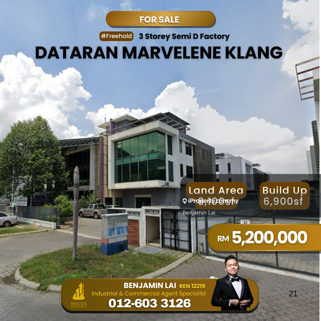 Dataran Marvelene, Kawasan 17 Klang 3 Storey Semi D Factory For Sale