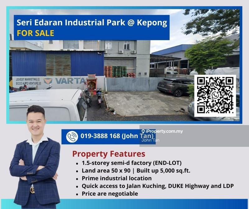 For Sale - (End Lot | 50x90 | High Ceiling) Kepong @ Seri Edaran 1.5sty Semi-D Factory