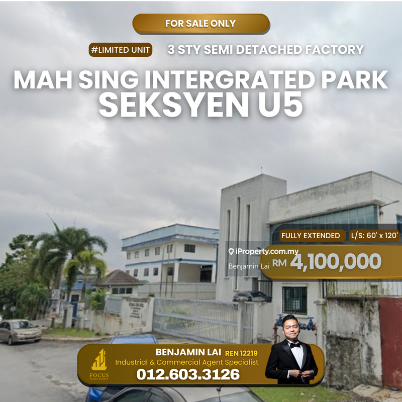 For Sale - 3 storey Semi Detached Factory Mah Sing Industrial Park Seksyen U5 Subang Shah Alam