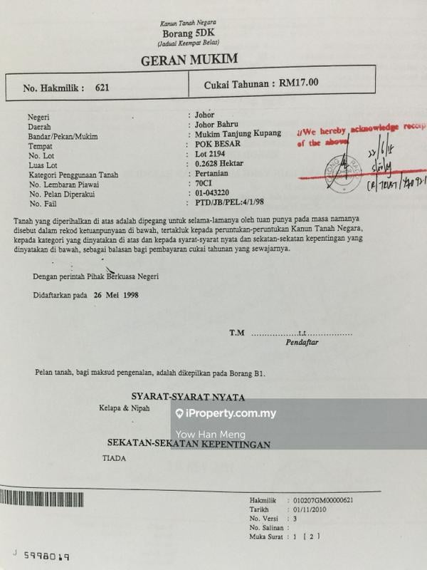 Agricultural Land for Sale in Tanjung Kupang, Iskandar Puteri (Nusajaya) by Yow Han Meng - iProperty.com.my