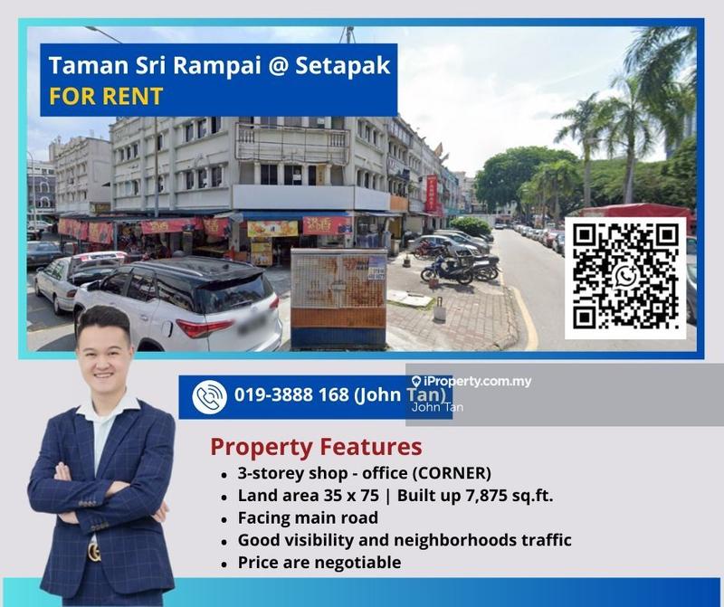 For Rent - (Corner -35x75|3sty Shop|Facing Main Road|Negotiable) Setapak @ Sri Rampai
