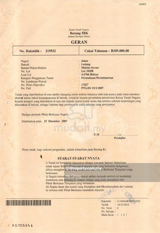 Tanah Perindustrian untuk Dijual di jalan Muar Tangkak Johor, Tangkak oleh Mr Ching - iProperty.com.my