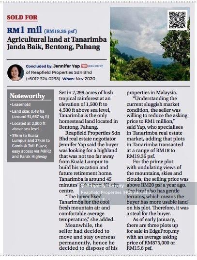 Residential Land for Sale in Janda Baik, Bentong by Jennifer Yap - One of the done deal report in 2020 - iProperty.com.my