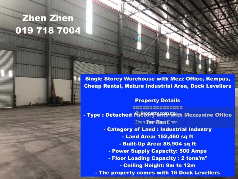 For Rent - Single Storey Warehouse with Mezz Office, Kempas, Cheap Rental, Mature Industrial, Dock Levellers