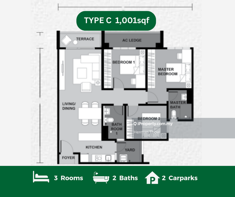 Service Residence for Sale in Interpoint by Herman Thow - Type C, 3Rooms, 1,001sqf - Practical Layout - iProperty.com.my