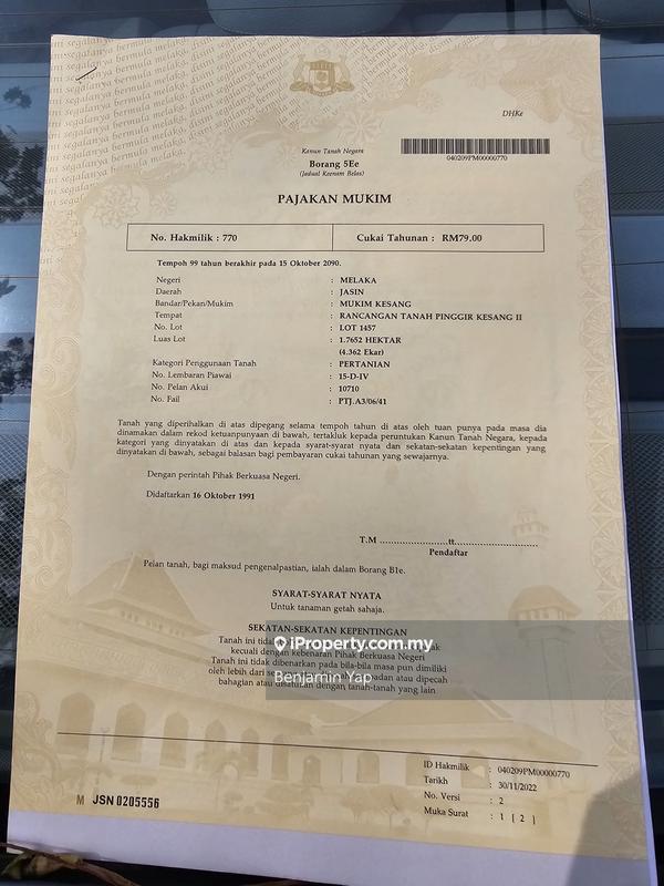 Tanah Pertanian untuk Dijual di Selandar, Selandar oleh Benjamin Yap - iProperty.com.my