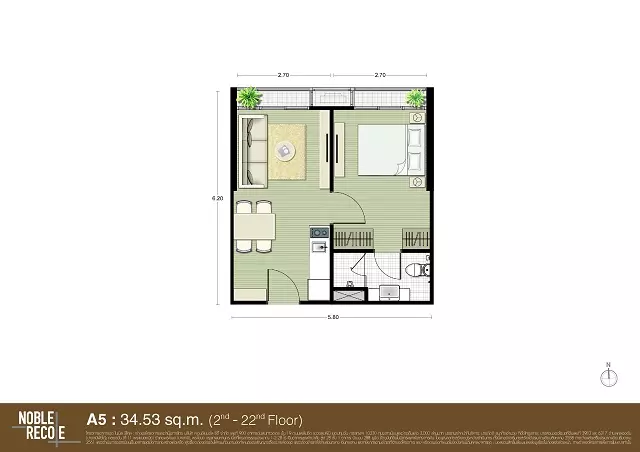 Noble Recole Unit Plan  1 Bedroom A5 34.53 Sq.m. (2-22 Fl)