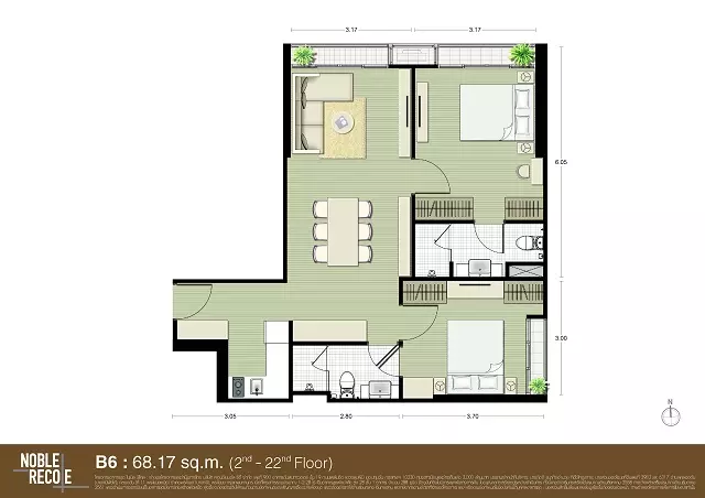 Noble Recole Unit Plan 2 Bedroom B6 68.17 Sq.m. (2-22 Fl)